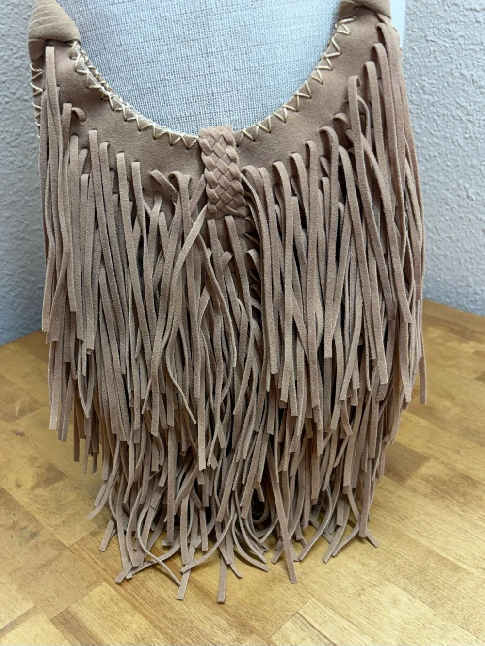 Sam Forever Fringe Hobo Bag Taupe Faux Suede Boho Festival Purse
